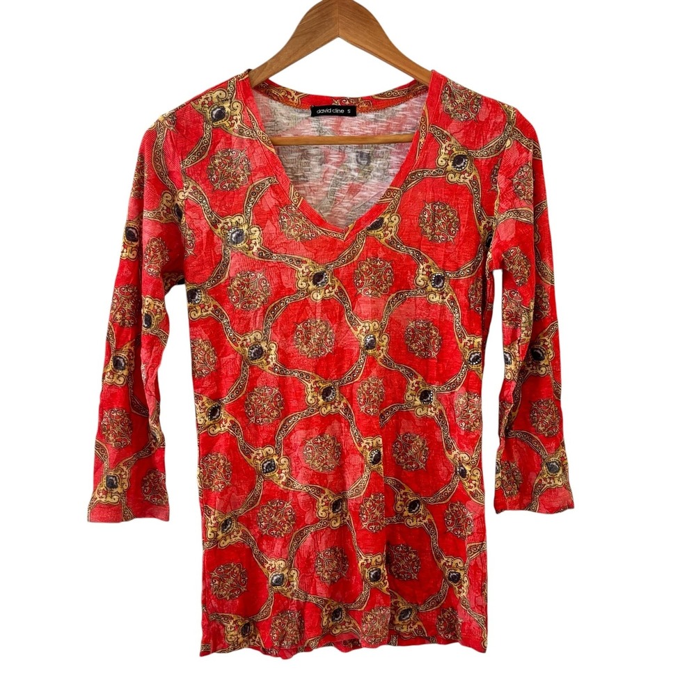 David Cline Baroque Crinkle Tee Top Womens Size S Red Rhinestone 3/4 Sleeve